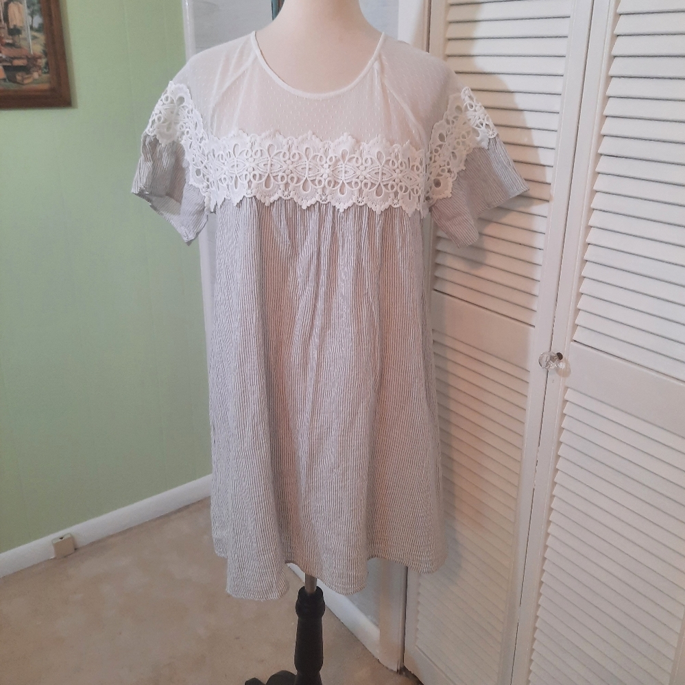 Hem & thread pinstripe aline cotton crochet lace dress Large *4